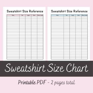 Printable Sweatshirt Size Reference Chart by Ninja Design