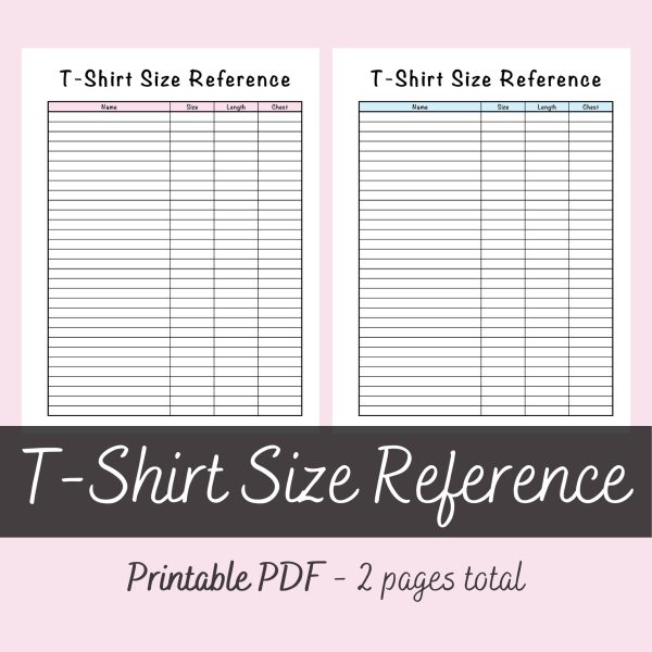 Printable T-Shirt Size Reference Chart Tracker Sheet