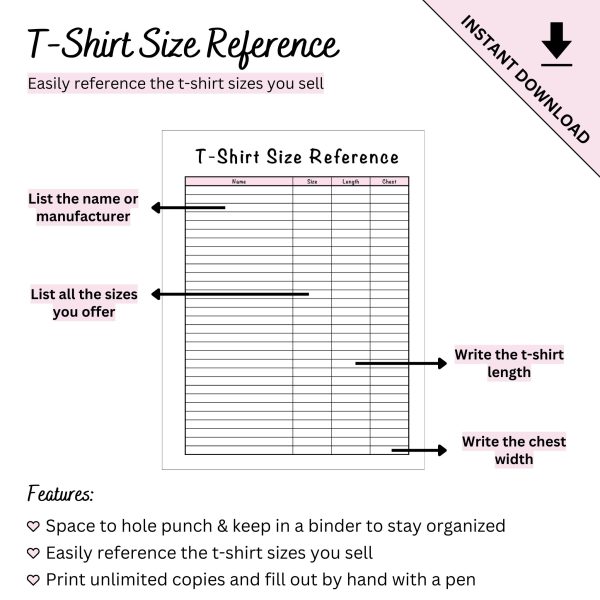 Printable T-Shirt Size Reference Chart Tracker Sheet - Image 7