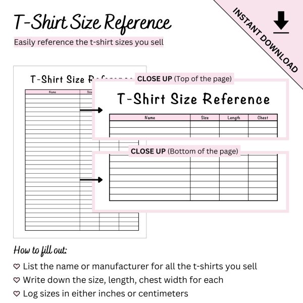 Printable T-Shirt Size Reference Chart Tracker Sheet - Image 6
