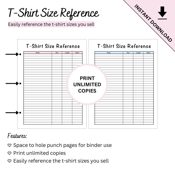 Printable T-Shirt Size Reference Chart Tracker Sheet - Image 5