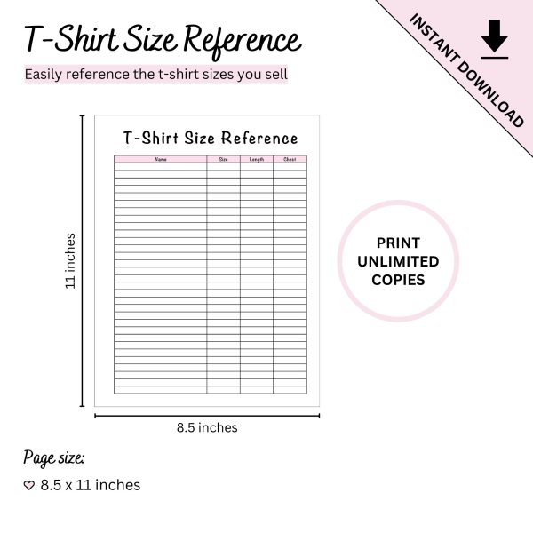 Printable T-Shirt Size Reference Chart Tracker Sheet - Image 4