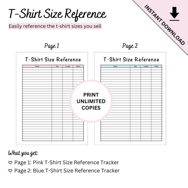 Printable T-Shirt Size Reference Chart Tracker Sheet - Image 3