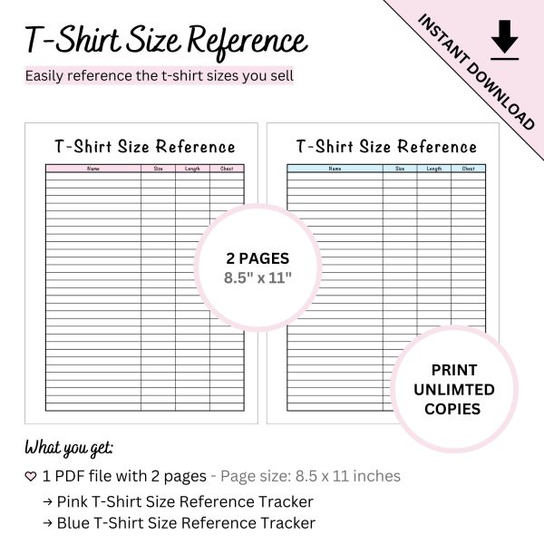 Printable T-Shirt Size Reference Chart Tracker Sheet - Image 2