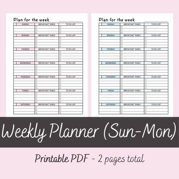 Printable Weekly Planner Sunday to Monday Start by Ninja Design