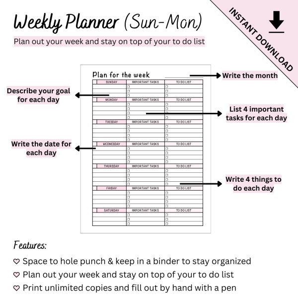 Printable Weekly Planner Sunday to Monday Start by Ninja Design