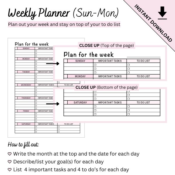 Printable Weekly Planner Sunday to Monday Start by Ninja Design