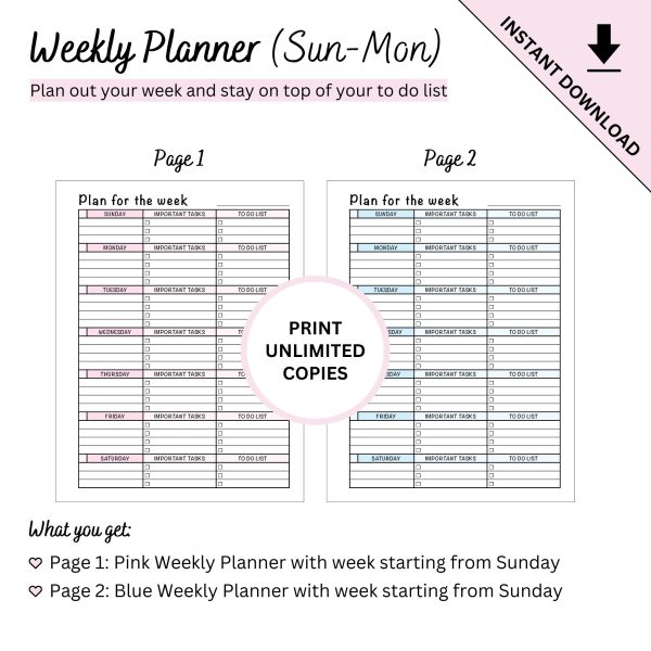 Printable Weekly Planner Sunday to Monday Start by Ninja Design