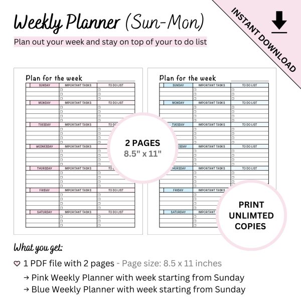Printable Weekly Planner Sunday to Monday Start by Ninja Design